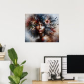 Zwart Model Hoge Mode Vrouw Mooie Bloemen Poster (Thuiskantoor)