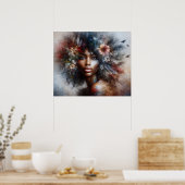 Zwart Model Hoge Mode Vrouw Mooie Bloemen Poster (Keuken)