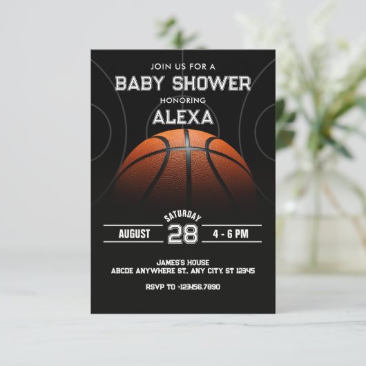 Zwart Modern Basketbal baby shower Kaart (Staand voorkant)