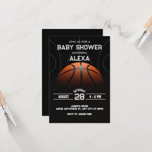 Zwart Modern Basketbal baby shower Kaart (Voorkant / Achterkant in situ)