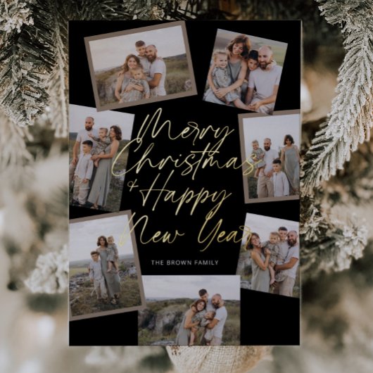 Zwart Modern Boho 8 Photo Collage Kerstmis Folie Feestdagenkaart