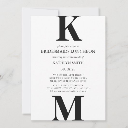 Zwart Modern Bold Monogram Bruidsmeisjes Luncheon Kaart (Voorkant)