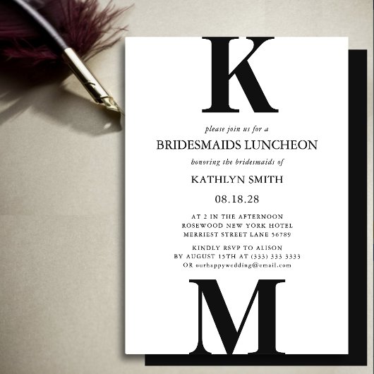 Zwart Modern Bold Monogram Bruidsmeisjes Luncheon Kaart