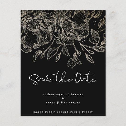 zwart modern budget goud bloemen save the date flyer (Voorkant)