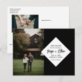 Zwart Modern Chic Bewaar de datum Fotocollage Briefkaart (Voorkant / Achterkant)