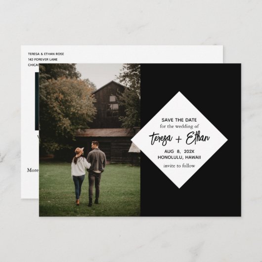 Zwart Modern Chic Bewaar de datum Fotocollage Briefkaart (Voorkant / Achterkant)