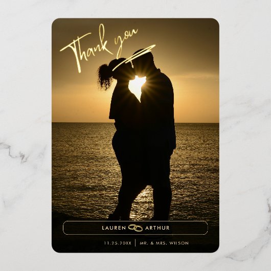 Zwart Modern Chique Minimale Foto Bruiloft Dank u Folie Uitnodiging (Voorkant)