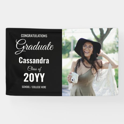 Zwart Modern Classic Foto Afstuderen Spandoek (Horizontaal)