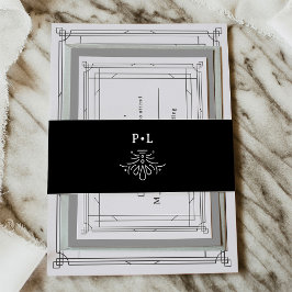 Zwart Modern Deco | Elegant Monogram Huwelijk Uitnodigingen Wikkel