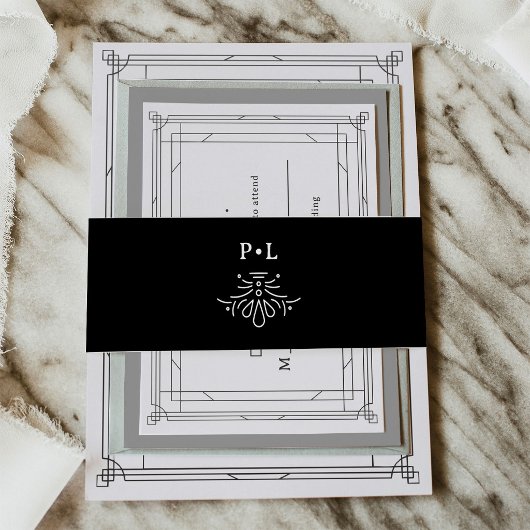 Zwart Modern Deco | Elegant Monogram Huwelijk Uitnodigingen Wikkel