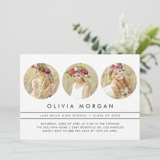 Zwart Modern Drie Foto Collage Afstuderen Kaart (Staand voorkant)