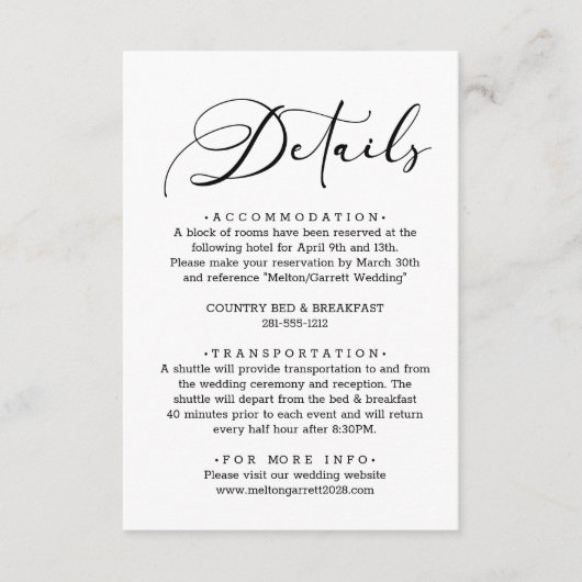 Zwart Modern Eenvoudig Bruiloft Details Behuizing  Informatiekaartje (Voorkant)