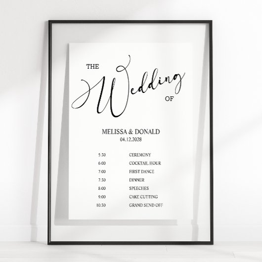 Zwart modern eenvoudig huwelijksprogramma schema poster