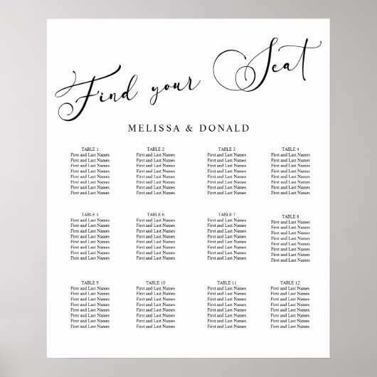 Zwart Modern Eenvoudig Script Bruiloft Zitkaarten Poster (Voorkant)