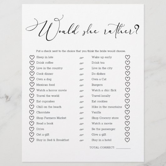 Zwart Modern Eenvoudig Script spel zou ze liever (Voorkant)