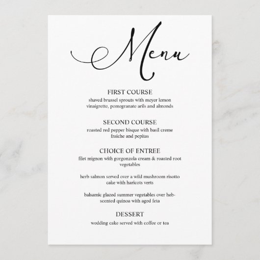 Zwart Modern Eenvoudig Script Trouwmenu Menu (Voorkant)