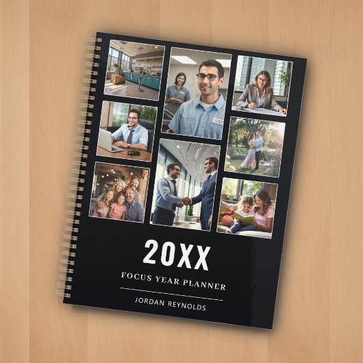 Zwart Modern Elegant 8 Photo Collage Sjabloon Naam Planner