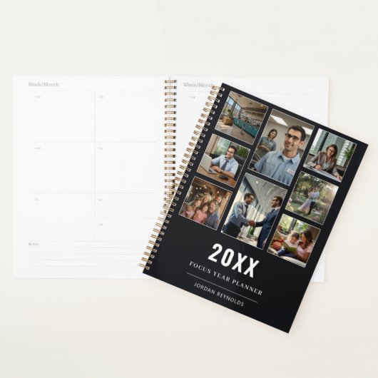 Zwart Modern Elegant 8 Photo Collage Sjabloon Naam Planner (Display)