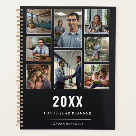 Zwart Modern Elegant 8 Photo Collage Sjabloon Naam Planner (Voorkant)