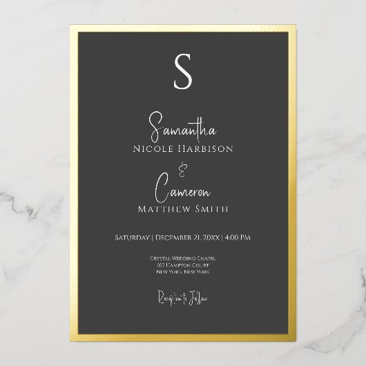 Zwart Modern Elegant Minimaal Bruiloft Folie Uitnodiging (Voorkant)