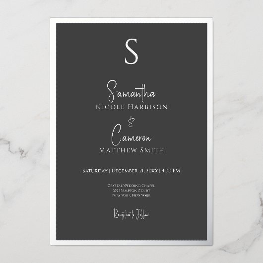 Zwart Modern Elegant Minimaal Foto Folie Uitnodiging (Voorkant)