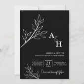 Zwart Modern Elegant Monogram Foliage Foto Kaart (Voorkant)
