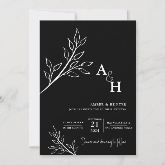 Zwart Modern Elegant Monogram Foliage Foto Kaart (Voorkant)