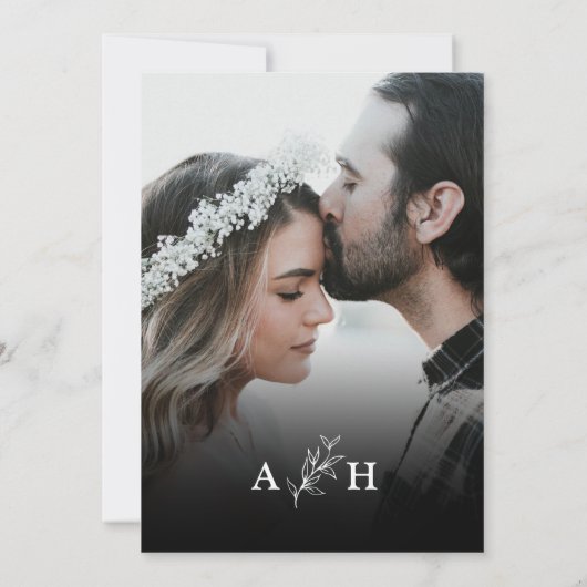 Zwart Modern Elegant Monogram Foliage Foto Kaart (Achterkant)