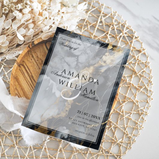 Zwart Modern Elegant Namen Script Abstract Bruilof Kaart