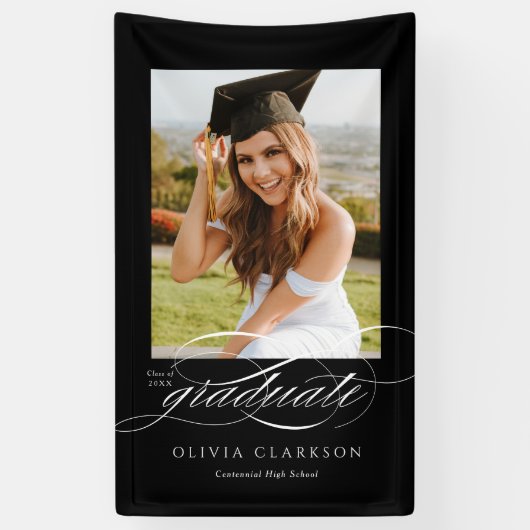 Zwart Modern Elegant Script Afstuderen Photo Party Spandoek (Verticaal)
