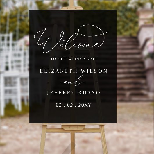 Zwart Modern Elegant Script Bruiloft Welkomstbord Acryl Bord