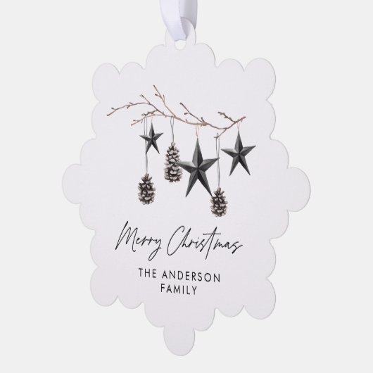 Zwart modern elegant script Kerstmis familie Ornament Kaart (Links)