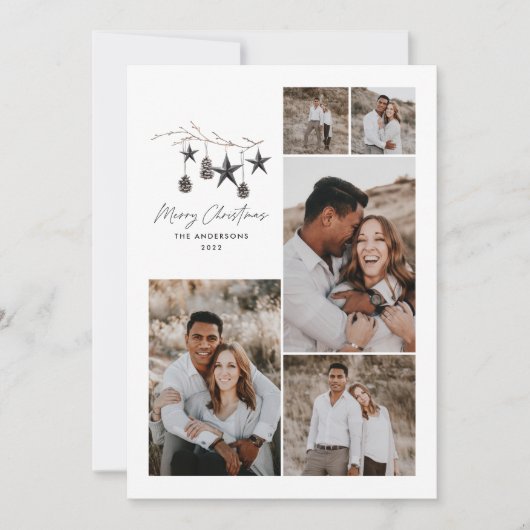 Zwart modern elegant script Kerstmulti-foto Feestdagenkaart (Voorkant)