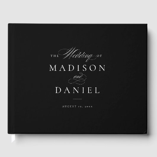 Zwart Modern Elegant Script Klassieke bruiloft Gastenboek (Voorkant)