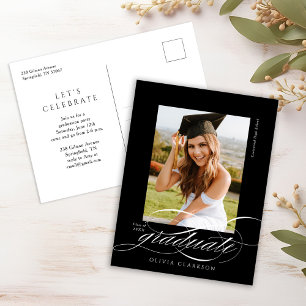 Zwart Modern Elegant Script Photo Graduation Party Briefkaart