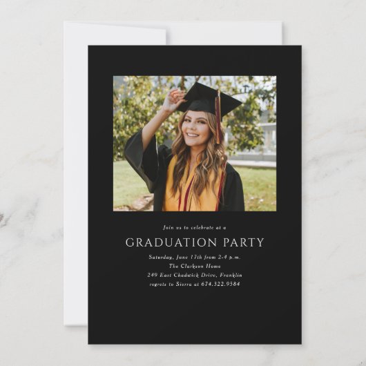 Zwart Modern Elegant Script Photo Graduation Party Kaart (Achterkant)