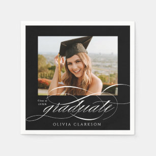 Zwart Modern Elegant Script Photo Graduation Party Servet