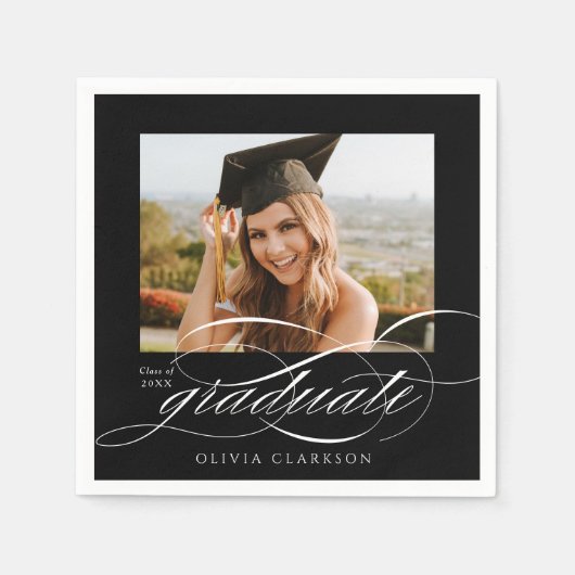 Zwart Modern Elegant Script Photo Graduation Party Servet (Voorkant)