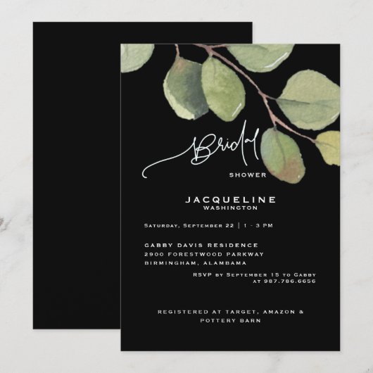 Zwart Modern Eucalyptus Bruidsdouche uitnodiging (Voorkant / Achterkant)