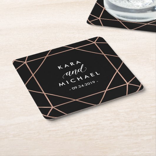Zwart Modern Geometrisch Diamant Bruiloft Kartonnen Onderzetters (Schuin)