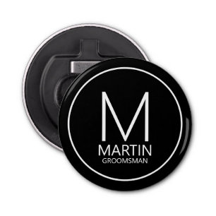 Zwart Modern Gepersonaliseerd Monogram & Naam Groo Button Flesopener