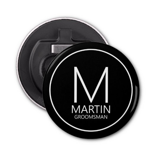 Zwart Modern Gepersonaliseerd Monogram & Naam Groo Button Flesopener (Voorkant)