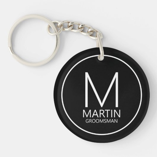 Zwart Modern Gepersonaliseerd Monogram & Naam Groo Sleutelhanger (Voorkant)
