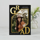 Zwart Modern Goud AFSTUDEERDER Afstuderen foto Fol Folie Uitnodiging (Staand Voorkant)