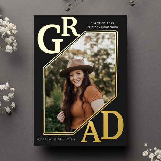 Zwart Modern Goud AFSTUDEERDER Afstuderen foto Fol Folie Uitnodiging