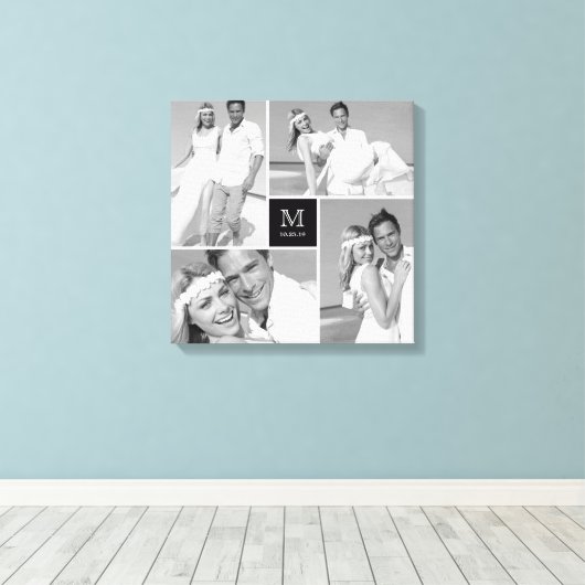 Zwart Modern Grid Monogram Bruiloft 4 Fotocollage Canvas Afdruk (Insitu (Houten vloer))