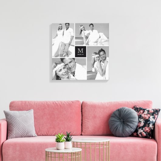 Zwart Modern Grid Monogram Bruiloft 4 Fotocollage Canvas Afdruk (Insitu (Woonkamer))