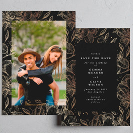 Zwart modern handgetekend botanisch trouwfoto save the date