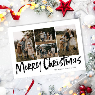Zwart Modern Lettering Vier foto Vrolijk Kerstfees Feestdagenkaart