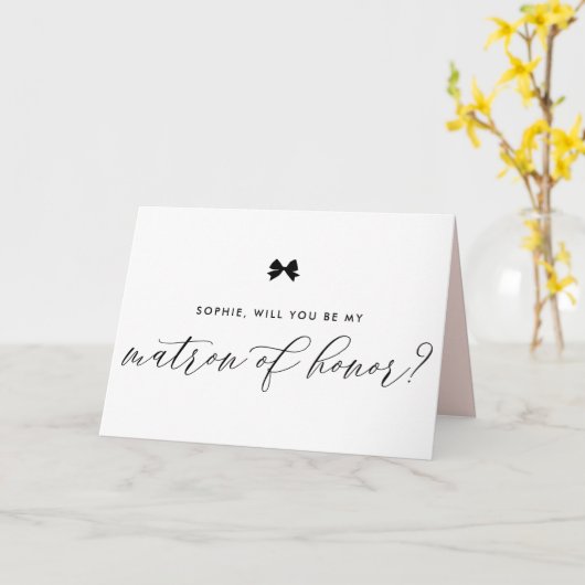 Zwart Modern Lint Bow Be My Matron of Honor Kaart (Gele Bloem)